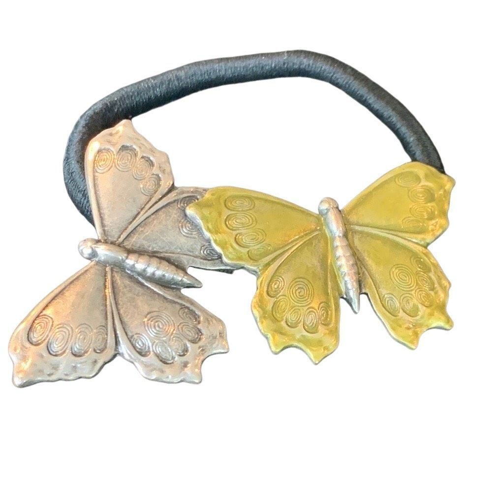 Hand-Pressed Metal Butterfly Hair Tie – Handmade Ponytail Holder on Elastic
